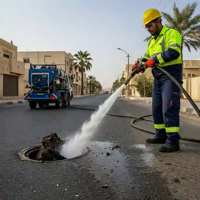 تنظيف شبكة صرف صحي بالجهراء باستخدام ضغط عالي بعد سحب المجاري بواسطة تنكر مجاري بالجهراء
