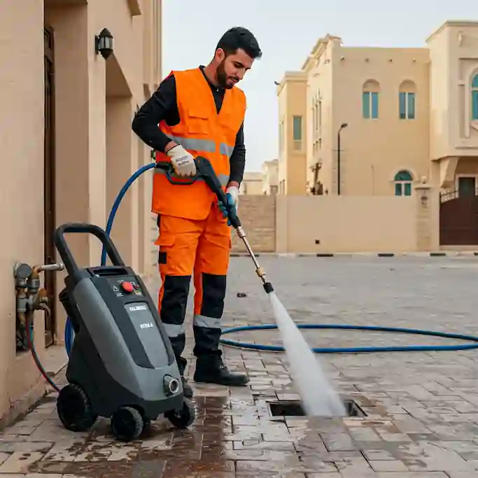 فني صحي الجابريه يقوم بتسليك مجاري ويستخدم ماكينة ضغط مائي