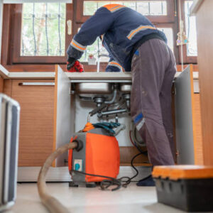 Plumber Unclogging A Kitchen Sink Drain With Pipe Cleaning Machine