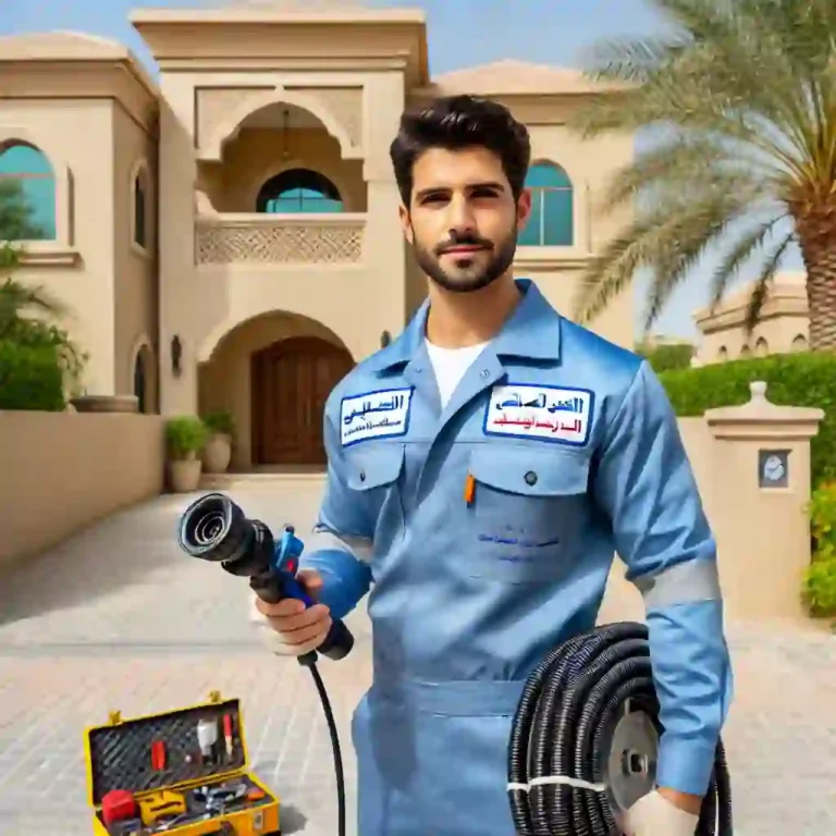 فني تسليك مجاري القرين يقف أمام فيلا بلون بيج، يحمل كاميرا فحص مرنة، ويرتدي زيًا أزرق يحمل كتابة عربية، وبجانبه حقيبة أدوات منظمة.