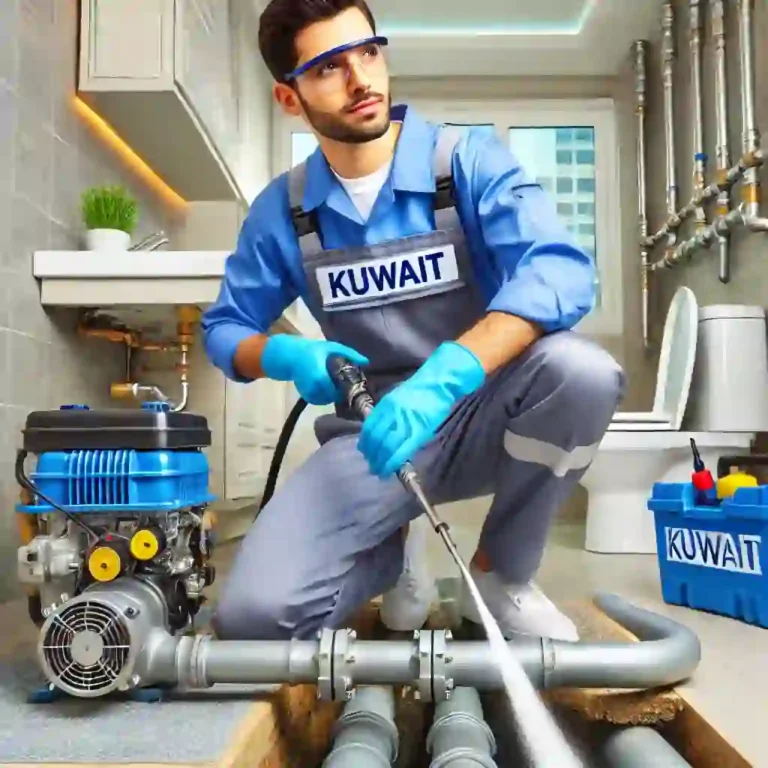 معلم تسليك مجاري الكويت داخل حمام كويتي حديث، يستخدم أداة يدوية لفتح انسداد الحوض، بجانبه صندوق أدوات، ويظهر مرتديًا زي أزرق مع كتابة عربية.